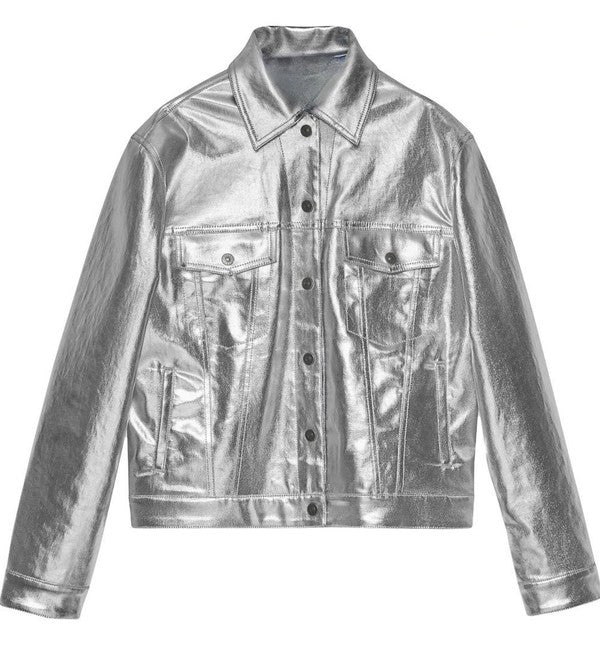 Leather Snap Front Silver Jacket - Style Baby OMG Fashion Boutique - Stylebabyomg - Buy - Aesthetic Baddie Outfits - Babyboo - OOTD - Shie 
