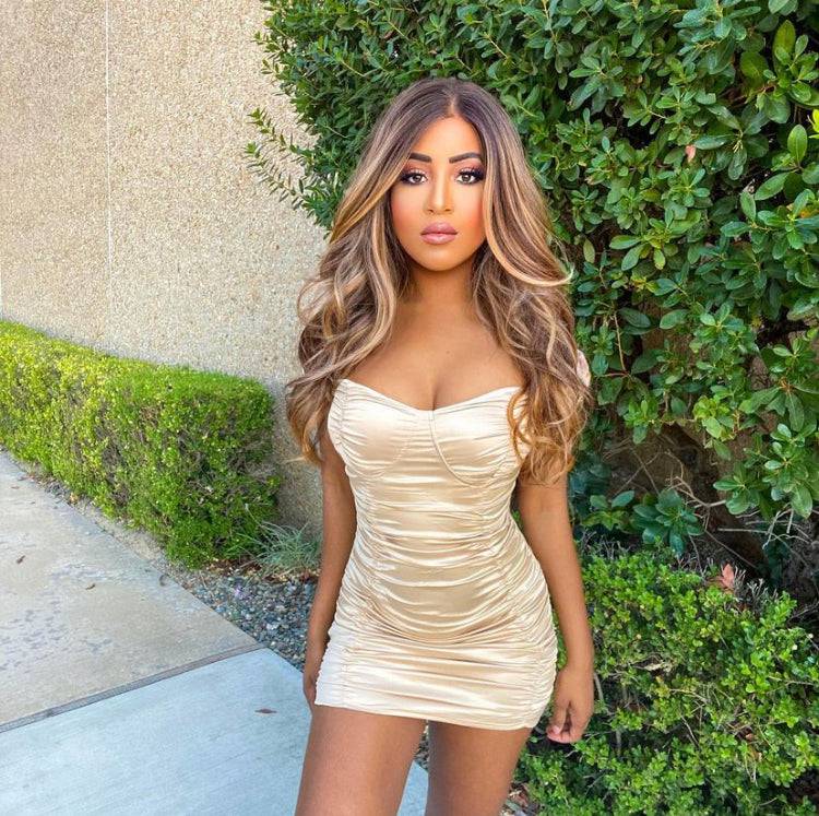 Katie Gold Silk Ruched Mini Dress - Style Baby OMG Fashion Boutique - Stylebabyomg - Buy - Aesthetic Baddie Outfits - Babyboo - OOTD - Shie 