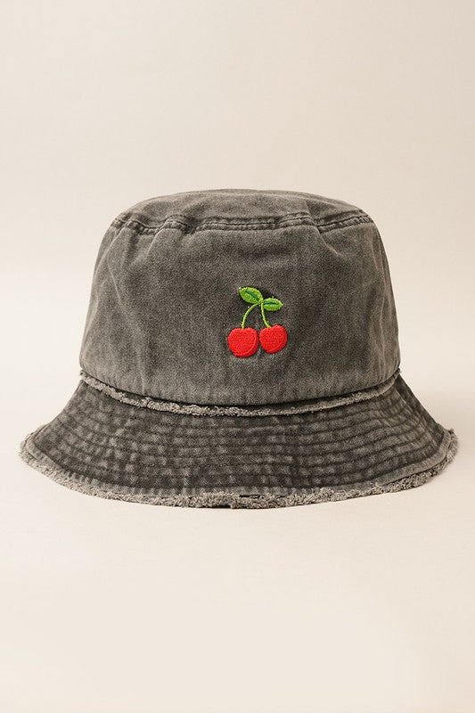 Cherry Distressed Denim Cotton Bucket Hat - Style Baby OMG Fashion Boutique - Stylebabyomg - Buy - Aesthetic Baddie Outfits - Babyboo - OOTD - Shie 