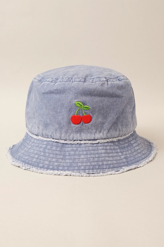 Cherry Distressed Denim Cotton Bucket Hat - Style Baby OMG Fashion Boutique - Stylebabyomg - Buy - Aesthetic Baddie Outfits - Babyboo - OOTD - Shie 