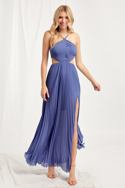 Beachside Halter Cut Out A-line Pleated Dress (Blue) - Style Baby OMG Fashion Boutique - Stylebabyomg - Buy - Aesthetic Baddie Outfits - Babyboo - OOTD - Shie 