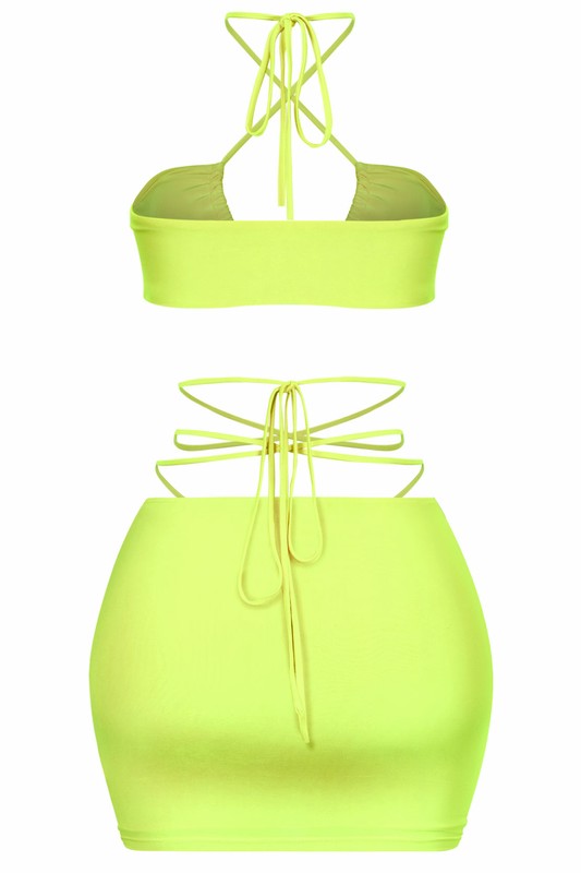 Summer Nights Away Sleeveless Criss Cross Crop Top And Mini Skirt Set (Lime) - Style Baby OMG Fashion Boutique - Stylebabyomg - Buy - Aesthetic Baddie Outfits - Babyboo - OOTD - Shie 