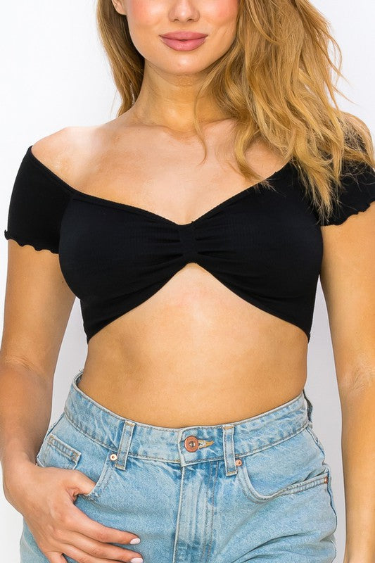 Daisy Off The Shoulder Bow Shape Crop Top - Style Baby OMG Fashion Boutique - Stylebabyomg - Buy - Aesthetic Baddie Outfits - Babyboo - OOTD - Shie 