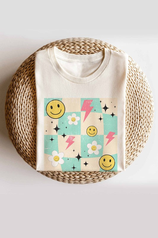 DAISY SMILEY CHECKER GRAPHIC TEE - Style Baby OMG Fashion Boutique - Stylebabyomg - Buy - Aesthetic Baddie Outfits - Babyboo - OOTD - Shie 