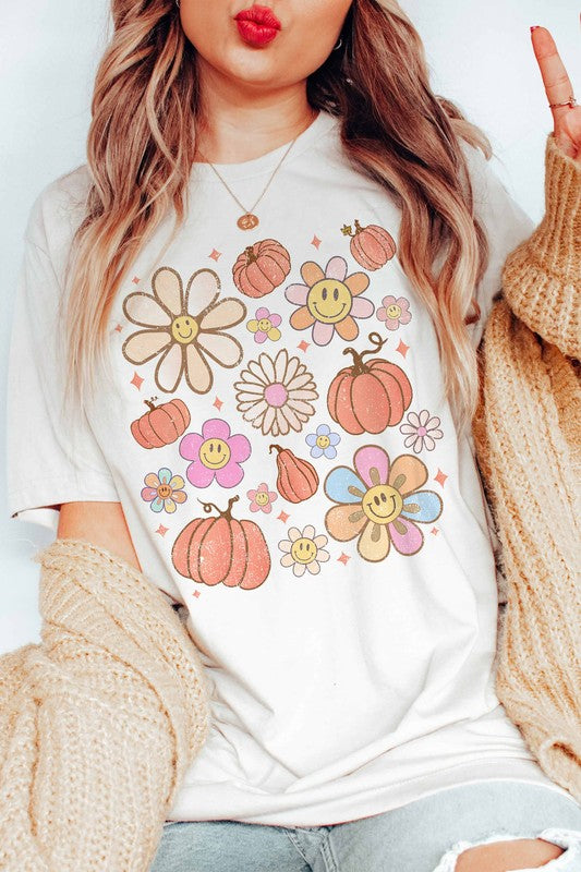 SMILEY PUMPKIN DAISY GRAPHIC TEE - Style Baby OMG Fashion Boutique - Stylebabyomg - Buy - Aesthetic Baddie Outfits - Babyboo - OOTD - Shie 