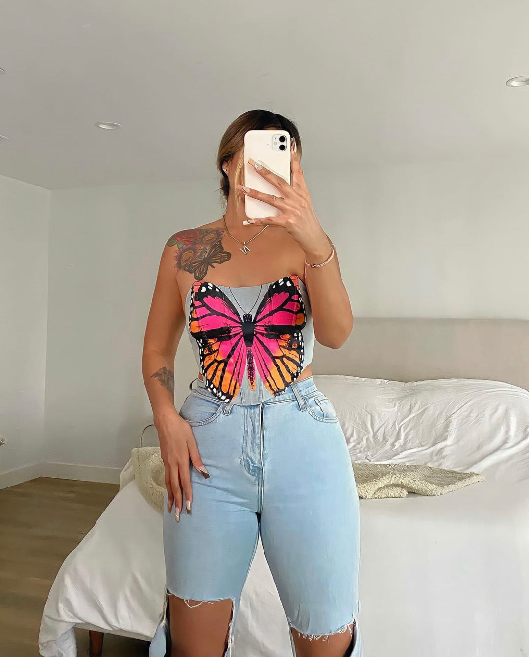 Kaylee Butterfly Denim Corset Top - Style Baby OMG Fashion Boutique - Stylebabyomg - Buy - Aesthetic Baddie Outfits - Babyboo - OOTD - Shie 
