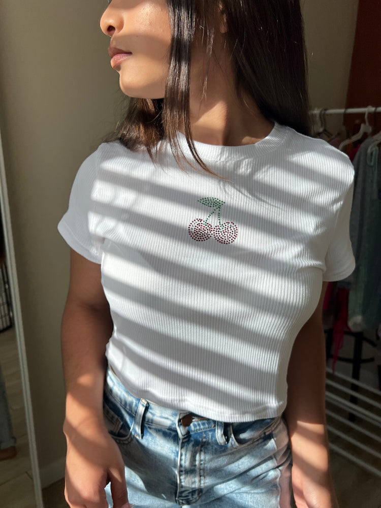White Cherry Crop Top - Style Baby OMG Fashion Boutique - Stylebabyomg - Buy - Aesthetic Baddie Outfits - Babyboo - OOTD - Shie 