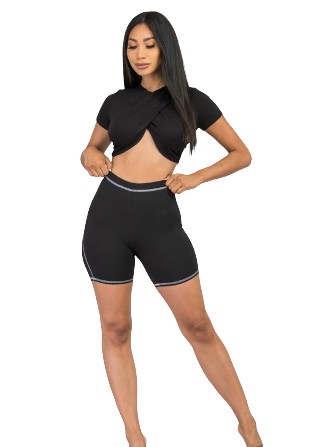 Tatia Shie Cross Wrap Crop Tank Top & Biker Shorts Set - Style Baby OMG Fashion Boutique - Stylebabyomg - Buy - Aesthetic Baddie Outfits - Babyboo - OOTD - Shie 