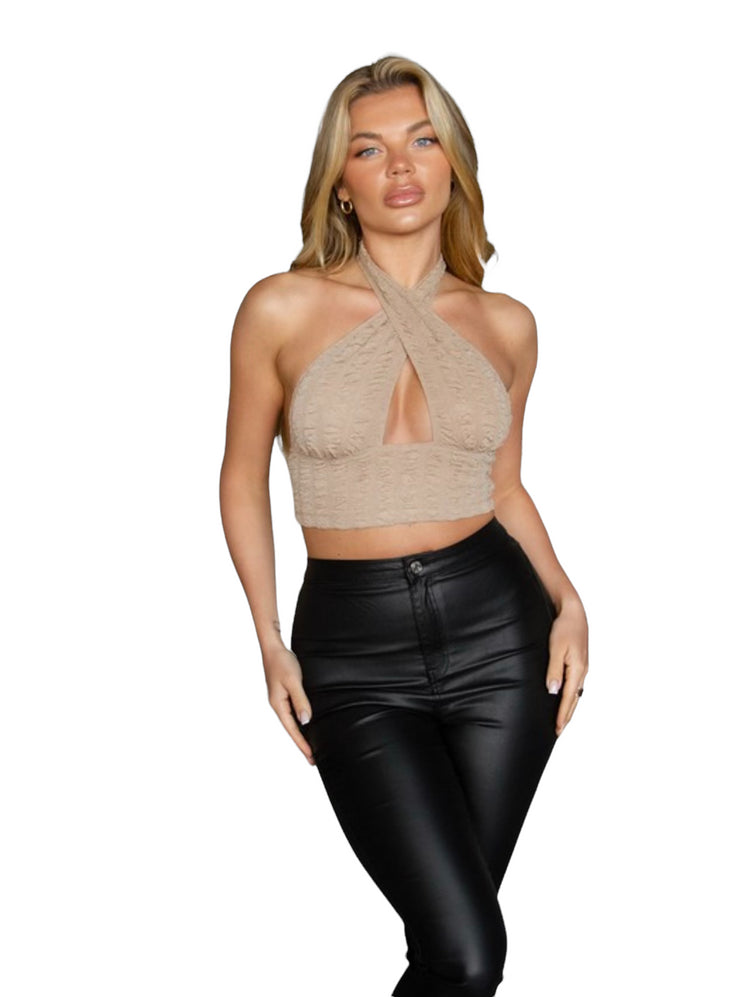 Kitty K Taupe Criss Cross Halter Top - Style Baby OMG Fashion Boutique - Stylebabyomg - Buy - Aesthetic Baddie Outfits - Babyboo - OOTD - Shie 