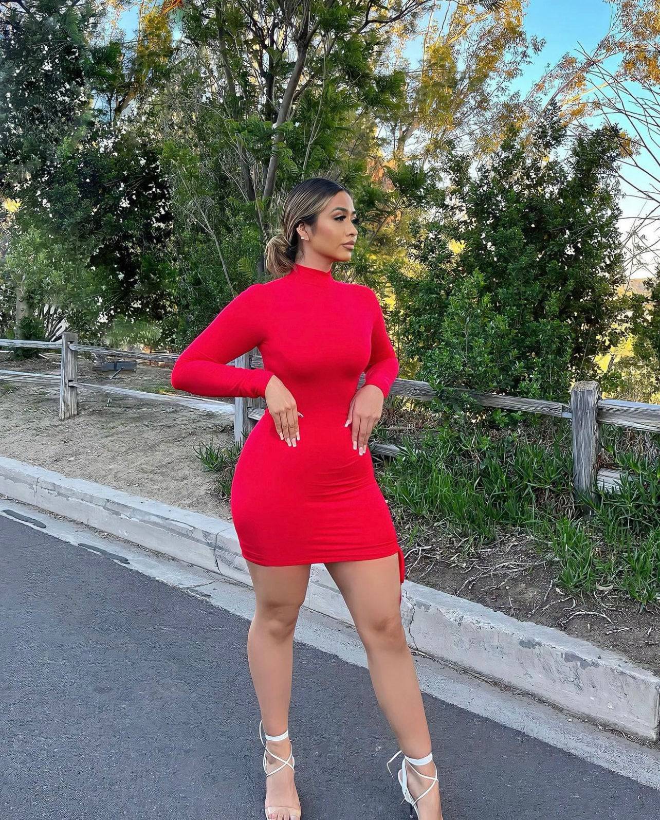 Aria Red Long Sleeve Mini Dress - Style Baby OMG Fashion Boutique - Stylebabyomg - Buy - Aesthetic Baddie Outfits - Babyboo - OOTD - Shie 