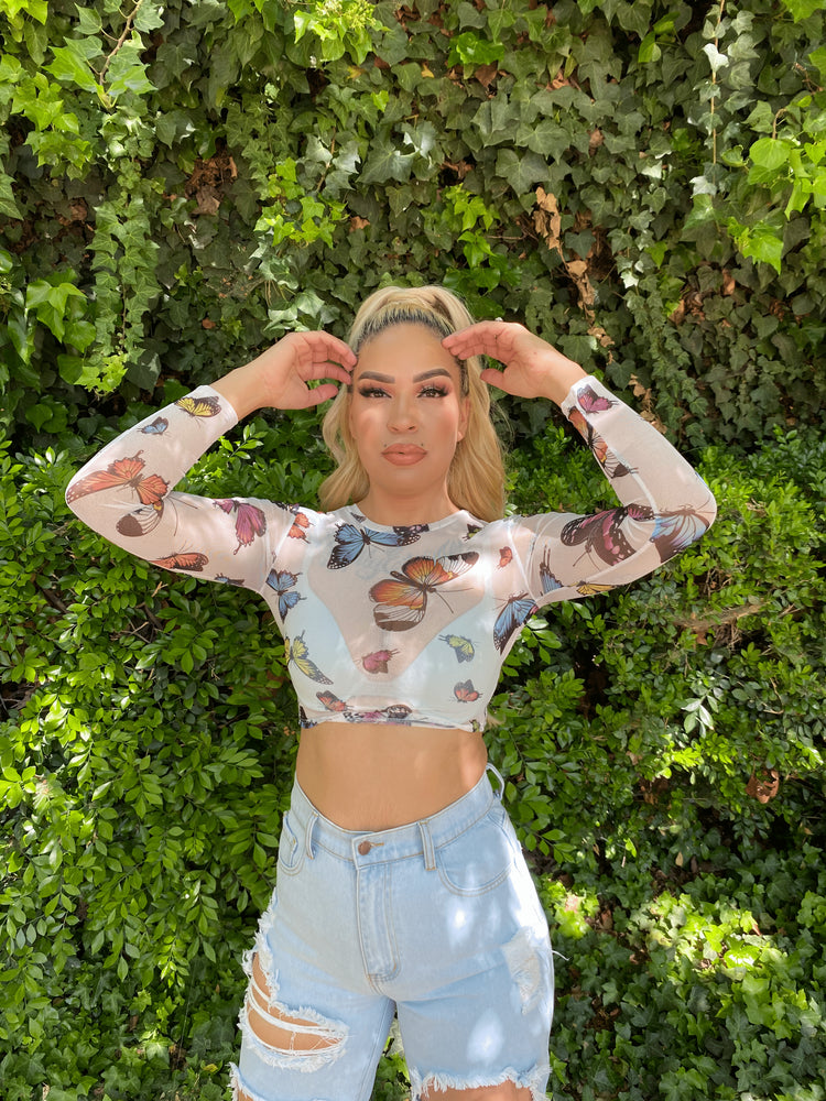 Clarissa Butterfly Mesh Crop Top - Style Baby OMG Fashion Boutique - Stylebabyomg - Buy - Aesthetic Baddie Outfits - Babyboo - OOTD - Shie 